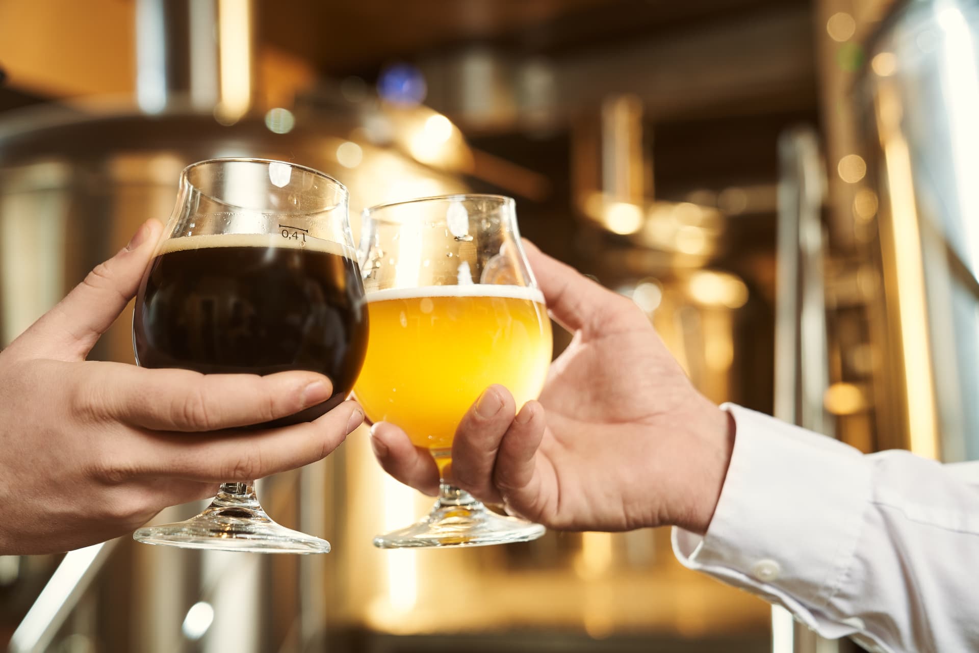 Twee bierliefhebbers proosten met een donker en een blond bier in een brouwerij